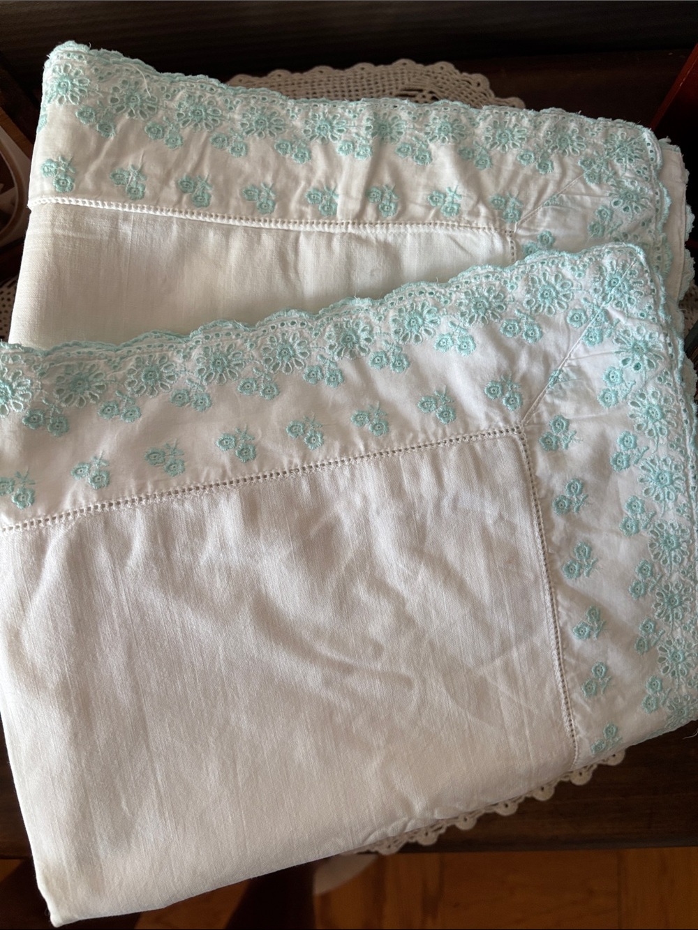 Vintage, 2 Hand Made Embroidered White Pillowcases, Light Blue Scalloped Trim